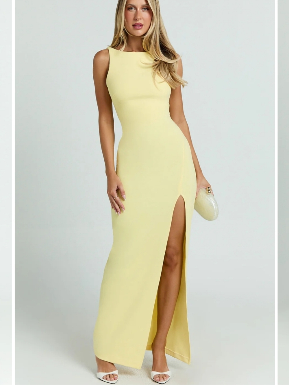 Showpo Indi Maxi Dress Lemon Yellow Bodycon Slit Formal Dress Size 8 Nwt